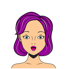 Surprised pop art woman. Violet hair female in comic retro style