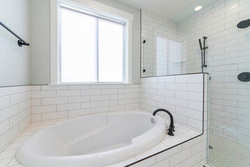 White bathroom interior with window, drop in tub and shower stall