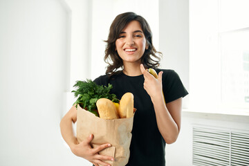 cheerful brunette food bag cooking healthy food