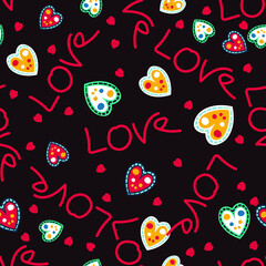 Vector  seamless pattern in doodle style with Heart and on the inscription . Gentle, Cute, romantic background  .