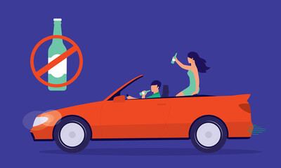 Young Man With Cabriolet Car Drinking Beer While Driving A Woman After A Party Night. Don't Drink And Drive Awareness. No Alcohol Drink Sign.