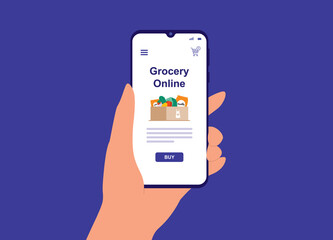 Female Hand Holding Smartphone With A Online Groceries Mobile App. A Woman Using Mobile Phone To Buy Groceries Online. E-Commerce. Flat Design, Character.