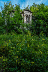 Fototapeta premium Ruins of an old, abandoned palace overgrown with bushes. Blue sky, green scrub around the object. Photo taken at noon, perfect lighting conditions