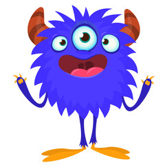 Funny cartoon furry monster character. Illustration of cute and happy mythical alien