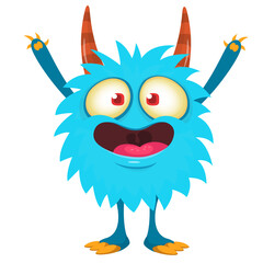 Funny cartoon furry monster character. Illustration of cute and happy mythical alien