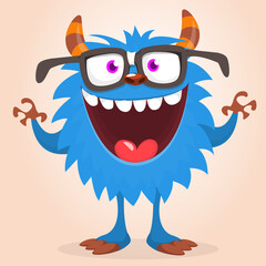 Funny cartoon furry monster character. Illustration of cute and happy mythical alien