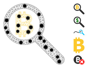 Mesh bitcoin audit polygonal icon vector illustration, with black Covid nodes. Carcass model is created from bitcoin audit flat icon, with infection centers and polygonal mesh.