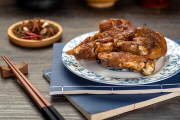 Delicious roast pig feet on the plate