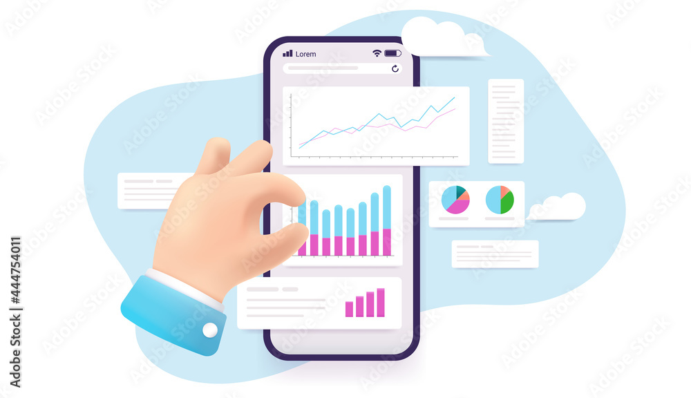Leinwandbilder analysing data on smartphone - cartoon hand and phone with graphs, diagrams and charts. analytics ma