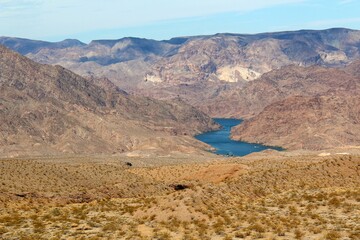 Panoramic view of the Colorado River between the mountains.