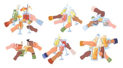 Celebration and toasting, cheers hands holding beer and cocktail, champagne and strong drinks, coffee and tea. Festivity and cheering, pub or bar establishment for partying. Flat cartoon vector