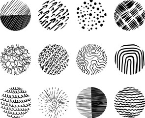 Set of handmade backgrounds. Doodle style drawn shapes. Points, curves, lines, geographic. Modern template for use in posters, social media. Vector Illustration. Black lines in white background.