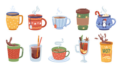Beverages and hot drinks for winter, christmas set of cups with coffee, tea and cocoa with marshmallows. Melted chocolate and aromatic mulled wine, warm cappuccino. Vector in flat cartoon style