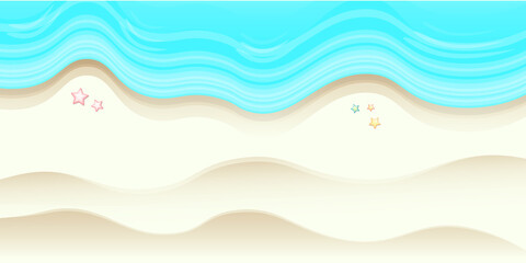 Top view summer beach background with golden sand and turquoise ocean waves. Vector summer beach party flyer or poster design template with tropical coast