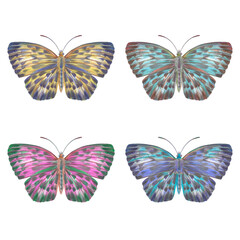 Set of watercolor butterflies. Collection of colorful insects with wings for design, postcards. Bright butterflies hand-drawn on paper and isolated on a white background.
