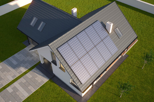 Solar panels on roof of the modern single family house -  top view, 3D illustration