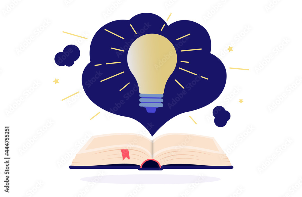 Poster book knowledge vector illustration - open book with light bulb shining. metaphor for getting smart f