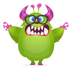 Funny cartoon furry monster character. Illustration of cute and happy mythical alien
