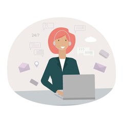 A young smiling girl at the computer. Online support, support service, call center. Vector illustration of the concept of servicing and helping clients with a virtual assistant, consultant.