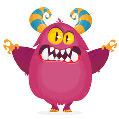 Funny cartoon furry monster character. Illustration of cute and happy mythical alien