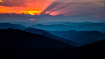 Sunset from the Polonina Runa (Rivna). The Carpathian Mountains. Ukraine.