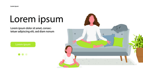 Mother and daughter sitting in lotus pose, practice yoga and meditate at home together isolated on the white background. Vector illustration. Banner or advertising online family yoga