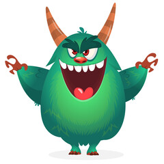 Funny cartoon furry monster character. Illustration of cute and happy mythical alien