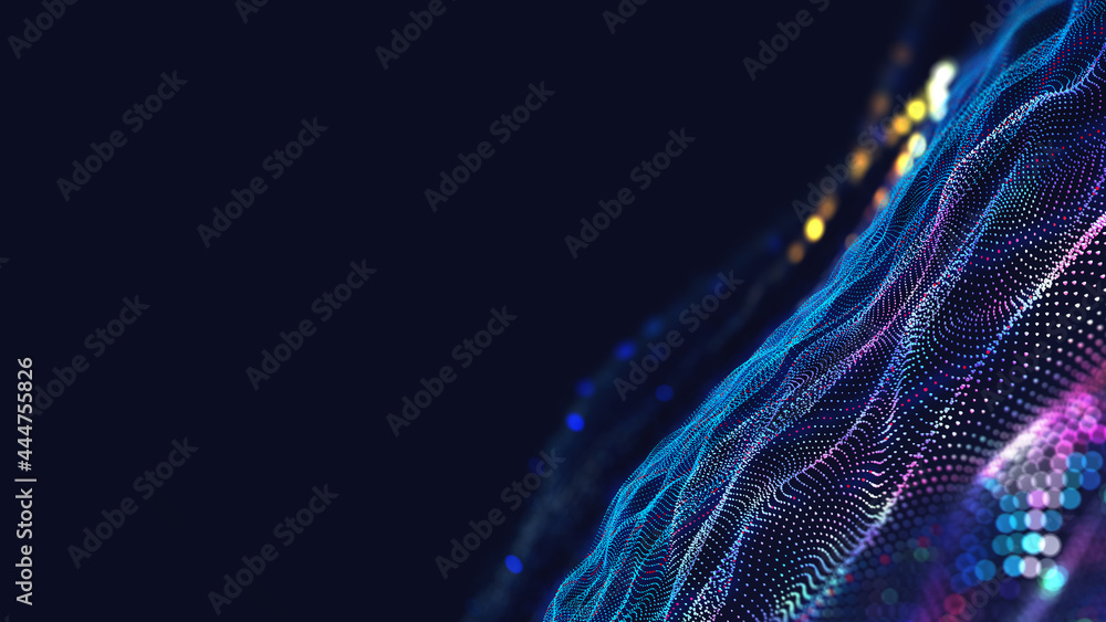 Leinwandbilder Information waves, analytics data, field of successive points, data flow, neon light, cyber structure of computer systems 3D illustration