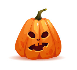 Shocked halloween pumpkin with wondering facial expression, autumn personage with emotion on face. Symbol of october harvest and celebration. Scary monster. Realistic cartoon character vector