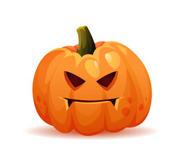 Spooky and evil halloween pumpkin personage with frown on face, scary expression of symbol of october holiday. Vegetable with cut holes in form of eyes and mouth. Realistic cartoon character vector