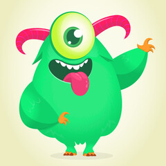 Funny cartoon furry monster character. Illustration of cute and happy mythical alien