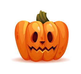 Scary halloween pumpkin personage with stunned facial expression or shock. Vegetable with carved face, eyes and mouth. Trick or treat celebration in autumn. Realistic cartoon character vector