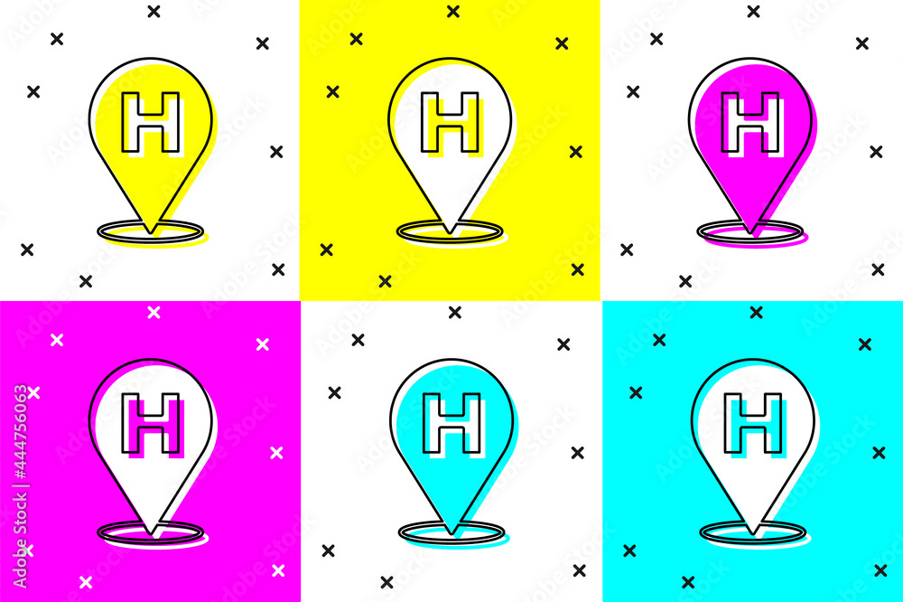 Poster set medical map pointer with cross hospital icon isolated on color background. vector