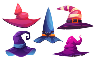 Fototapeta premium Headwear of witches and wizards, isolated set of pointed cone hats decorated with buckles and belts, funny bats. Halloween costume for party, carnival or masquerade. Cartoon vector illustration