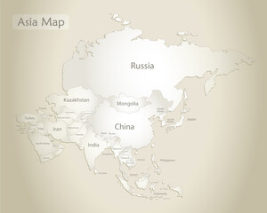 Asia map, separate states with names, old paper background vector