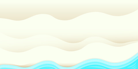 Top view summer beach background with golden sand and turquoise ocean waves. Vector summer beach party flyer or poster design template with tropical coast
