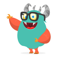 Funny cartoon furry monster character. Illustration of cute and happy mythical alien