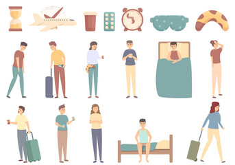 Jet lag icons set cartoon vector. Air flight time. Delivery duration