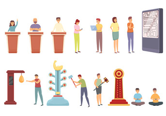 Test game icons set cartoon vector. Scientist expert. Genius professor