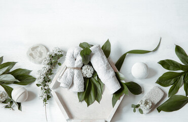 Spa still life with body care products and natural leaves.