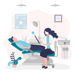 Male character at dentist appointment. Specialist with dental mirror examine and treats patient teeth
