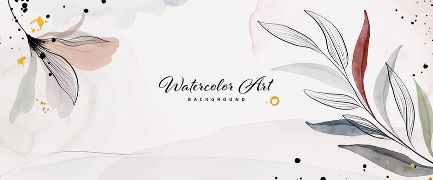 Abstract background watercolor gentle flower leaves and gold drops