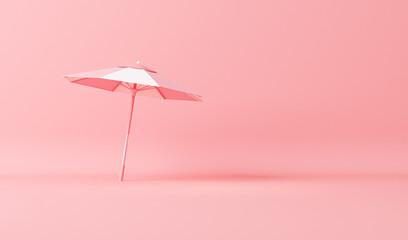 Beach umbrella monochrome pink color background, single color composition.Trendy 3d render for social media banners, promotion, presentation, picture frame . Stage for fashion on website.
 - obrazy, fototapety, plakaty