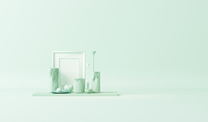 Interior of the room in plain monochrome pastel blue color with decor and room accessories. Light background with copy space. 3D rendering for web page, presentation or picture frame backgrounds.