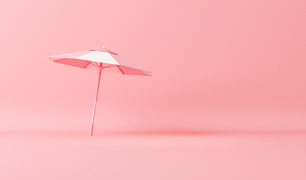 Beach umbrella monochrome pink color background, single color composition.Trendy 3d render for social media banners, promotion, presentation, picture frame . Stage for fashion on website.
