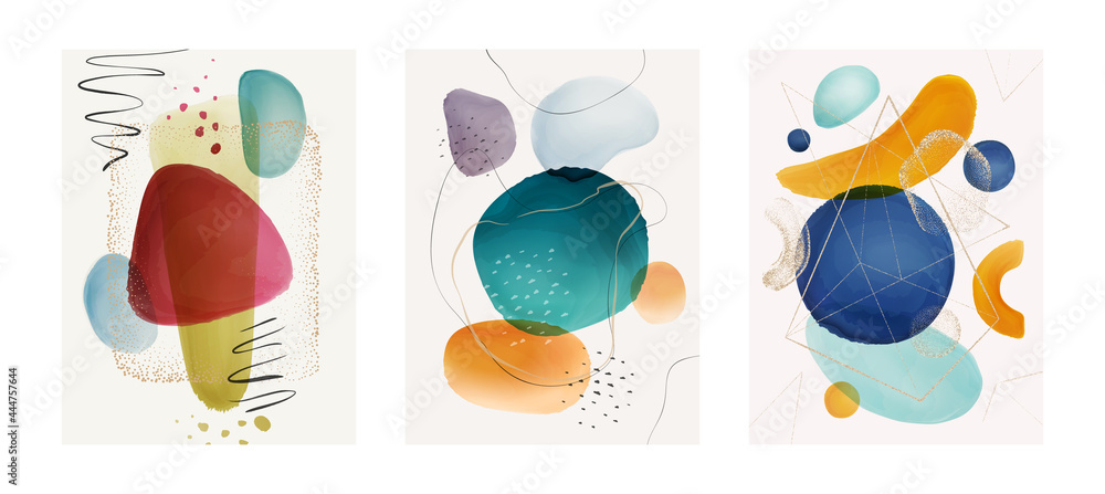 Poster covers and pages designs with abstract watercolor compositions, blobs and brushes. gold and glitter 