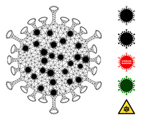 Mesh flu virus polygonal 2d vector illustration, with black infectious centers. Carcass model is created from flu virus flat icon, with infectious nodes and triangle mesh.