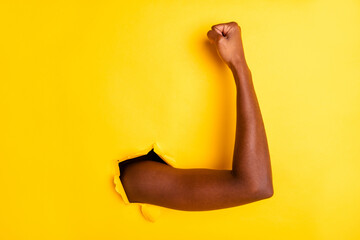Photo of confident self-assured lady arm showing fresh biceps break through bright yellow color...