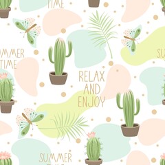 Seamless pattern with cute cactus on a summer background. Vector illustration.
