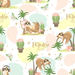 Seamless pattern with a cute sloth on a summer background. Vector illustration.